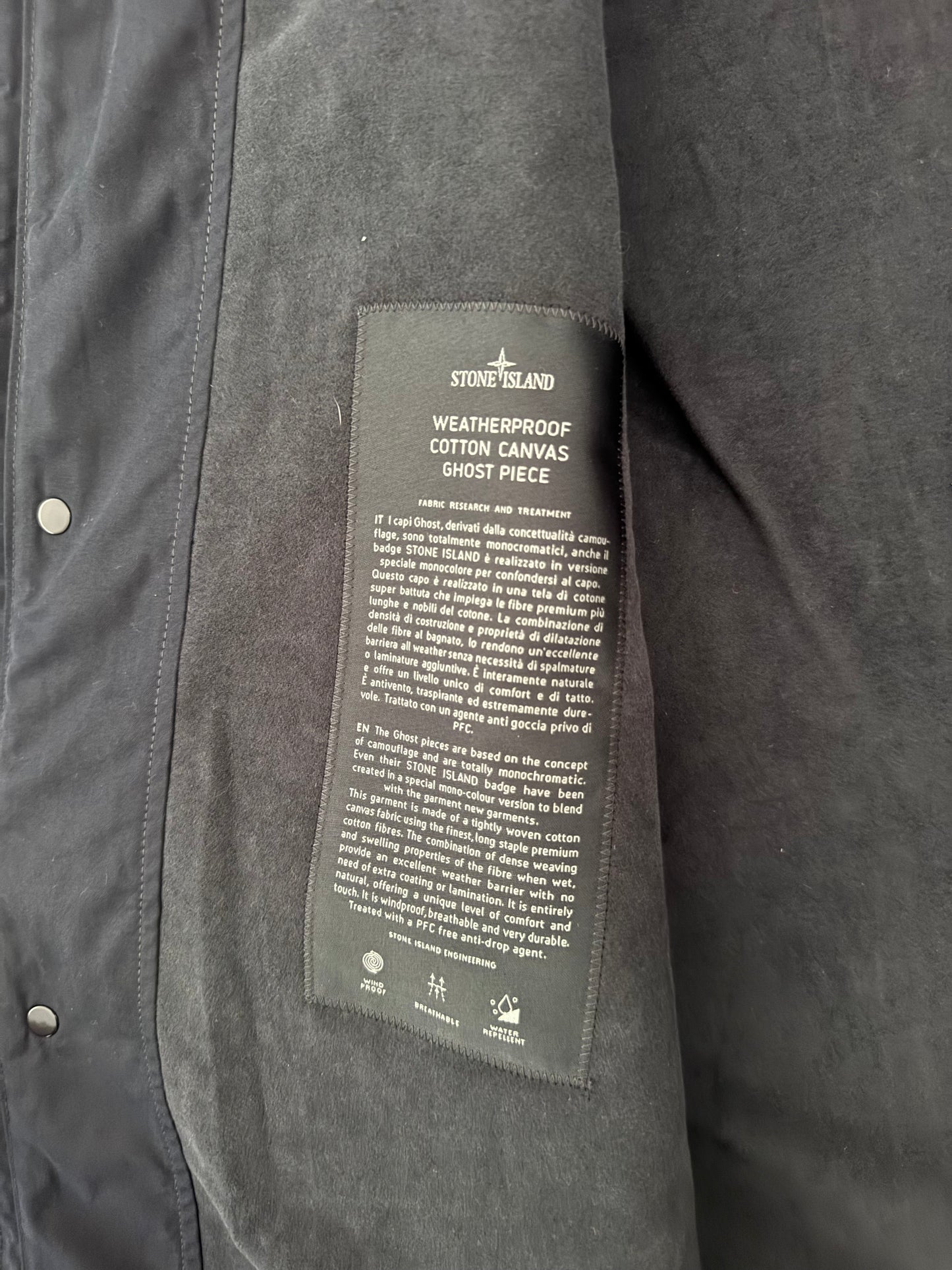 Stone Island 'Weatherproof Cotton Canvas Ghost Piece' Navy Long Jacket - Large