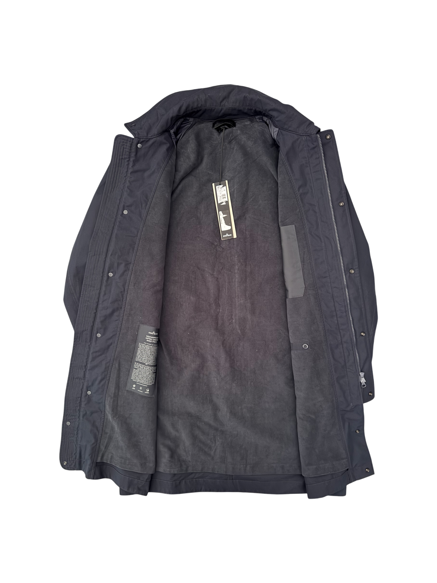 Stone Island 'Weatherproof Cotton Canvas Ghost Piece' Navy Long Jacket - Large