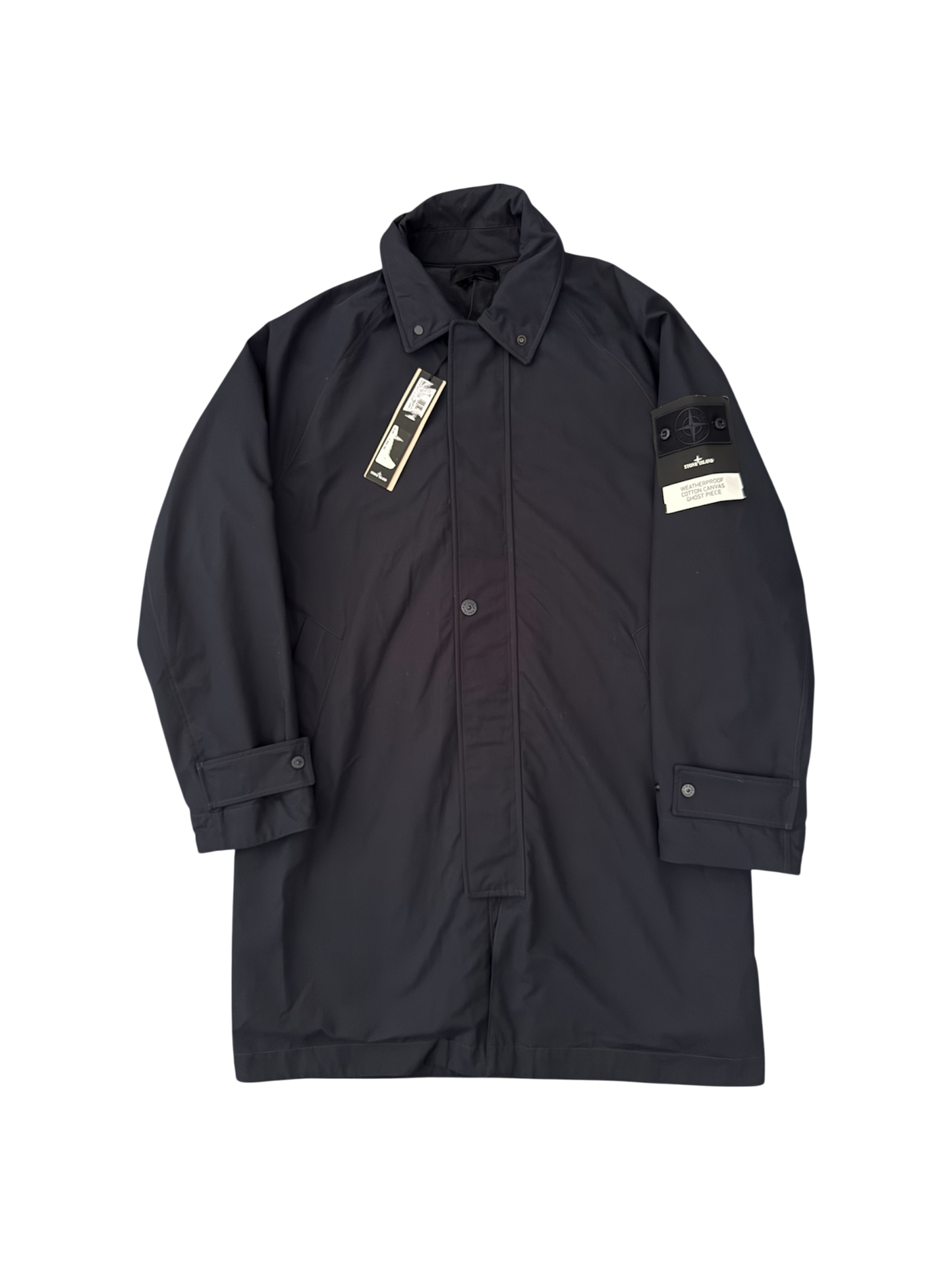 Stone Island 'Weatherproof Cotton Canvas Ghost Piece' Navy Long Jacket - Large
